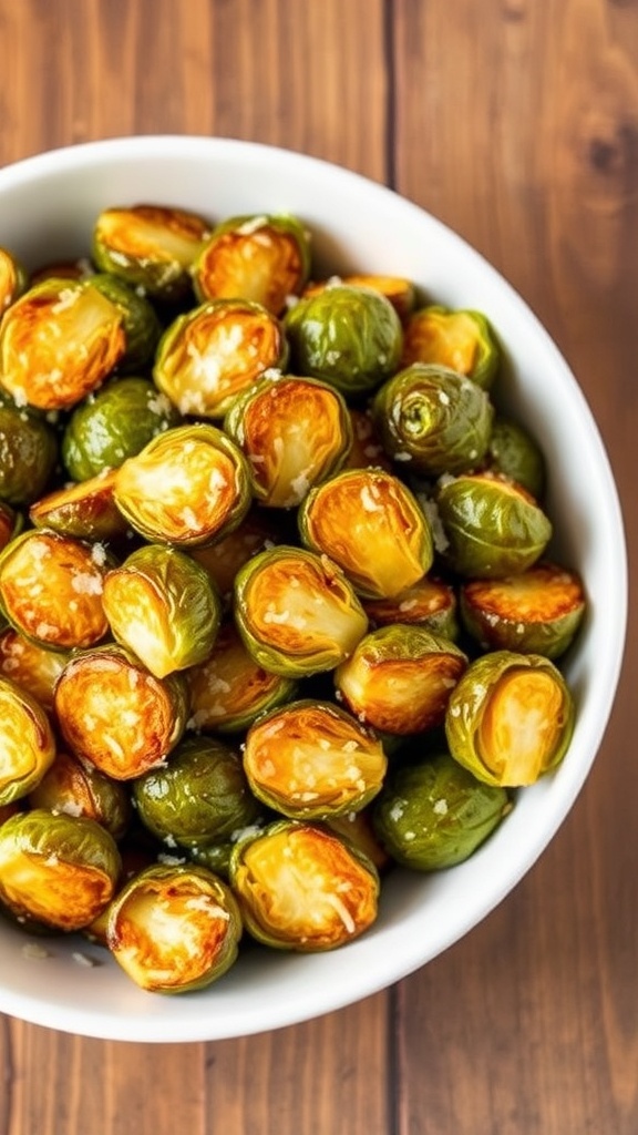 Crispy Air Fryer Brussels Sprouts Recipe Crispy air-fried Brussels sprouts garnished with Parmesan cheese on a rustic table.
